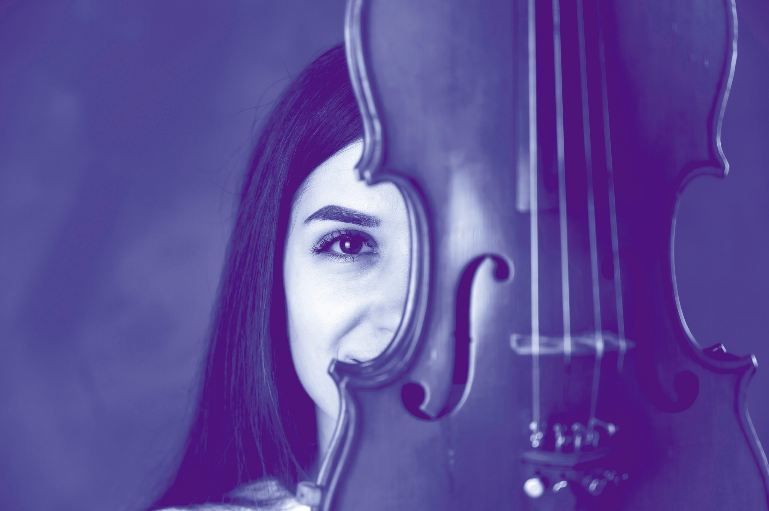 Concept musician violinist. Portrait of a pretty brunette girl in a white sweater playing the violin on a gray background