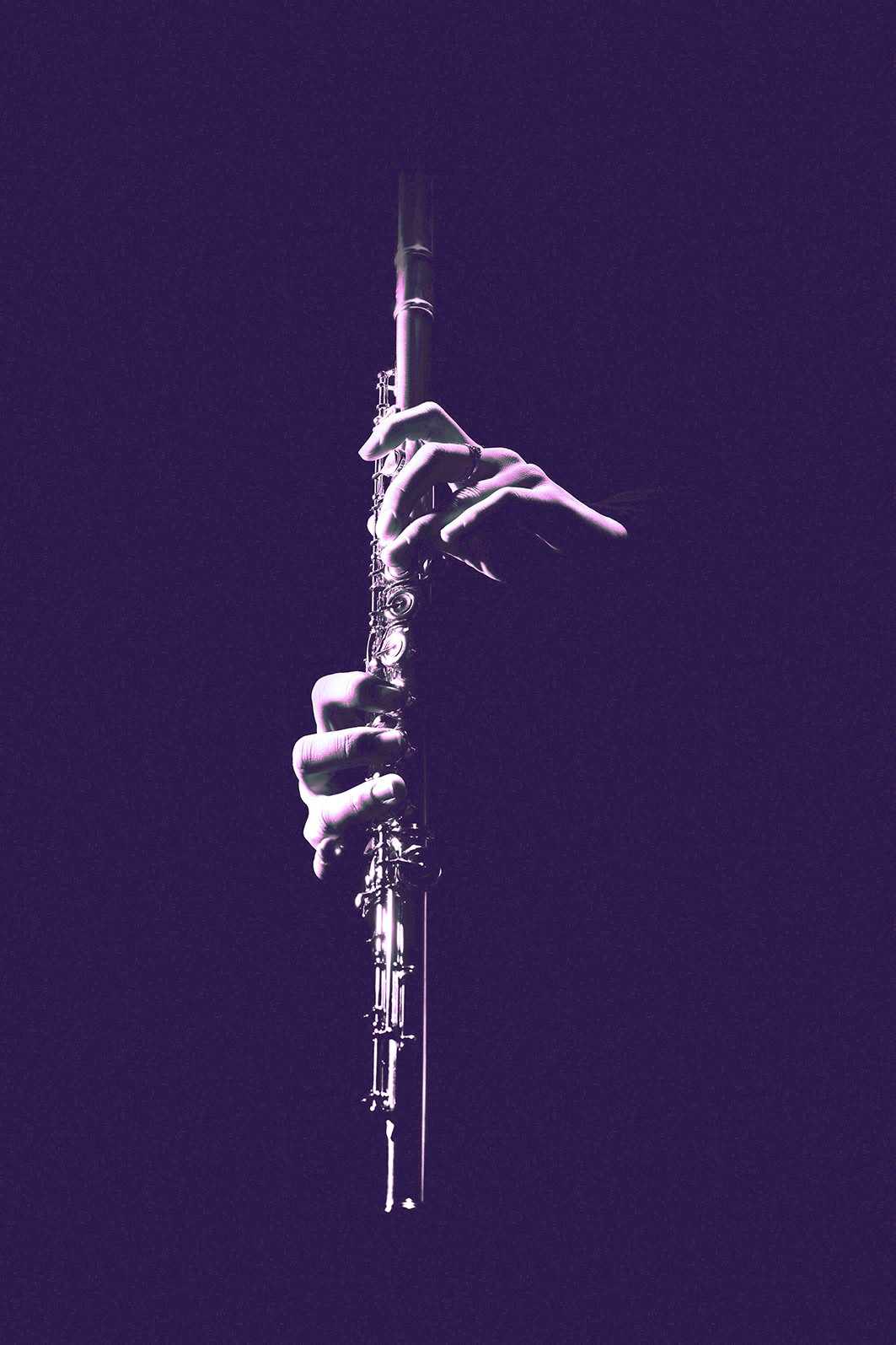 Flute instrument. Flutist hands playing flute music. Classical orchestra instruments isolated