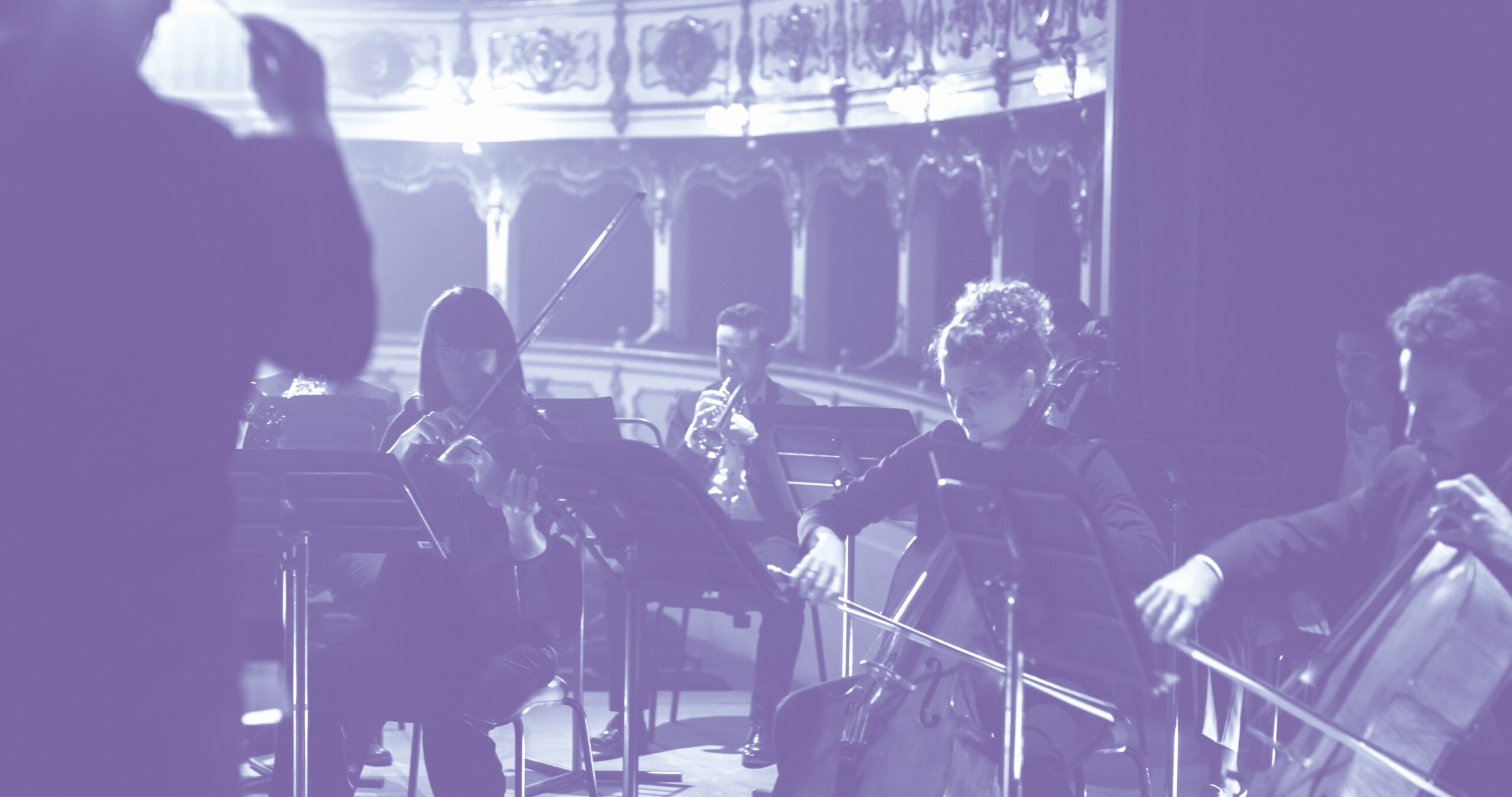 Cinematic Shot of Symphony Orchestra Musicians Performing on the Stage of a Classic Theatre During a Classical Music Concert. Focused Performers Playing Different Instruments
